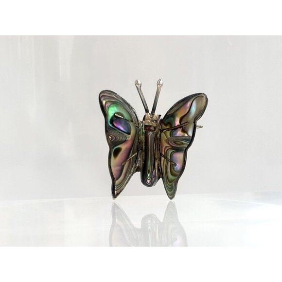 Butterfly Shaped Mexican Made Abalone Shell Inlay Vintage Sterling Silver Brooch - Picture 9 of 10
